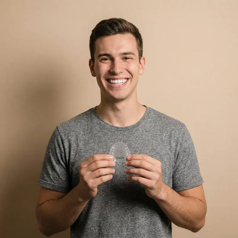 Young man with clear aligners for orthodontic treatment at Fusion Dental